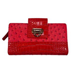 Buxton Red Vegan Leather Wallet Embossed Croc Ostrich Buckle Clasp Silver